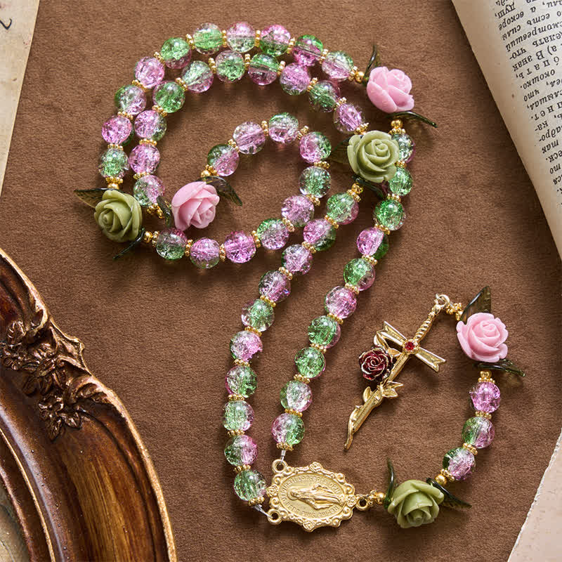 Christianartworkshop Pink & Green Crackle Faceted Glass Bead Rose Floral Our Lady Cross Rosary - image 0