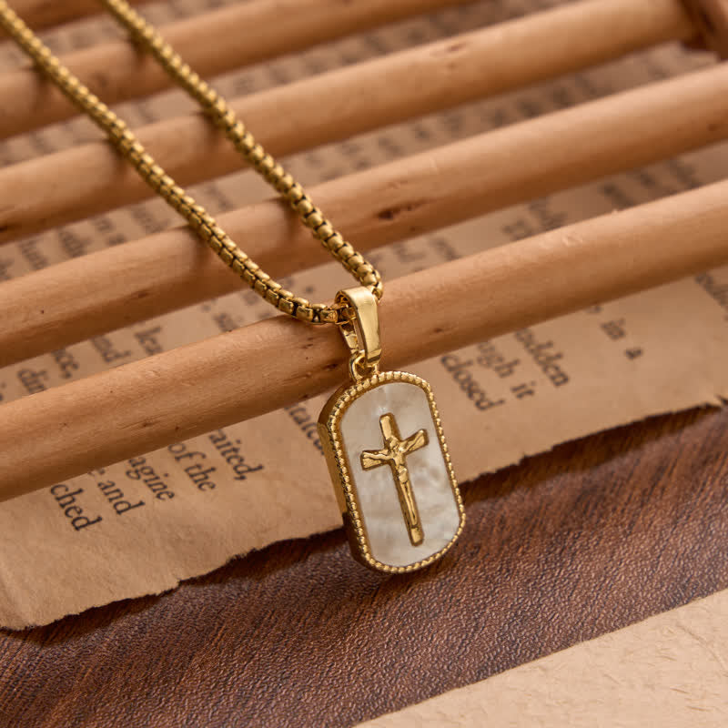 Christianartworkshop Dainty Box Link Shell Inlaid Crucifix Necklace: Emblem of Peaceful Inner Devotion - Golden - image 2