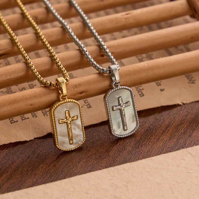Christianartworkshop Dainty Box Link Shell Inlaid Crucifix Necklace: Emblem of Peaceful Inner Devotion - image 0