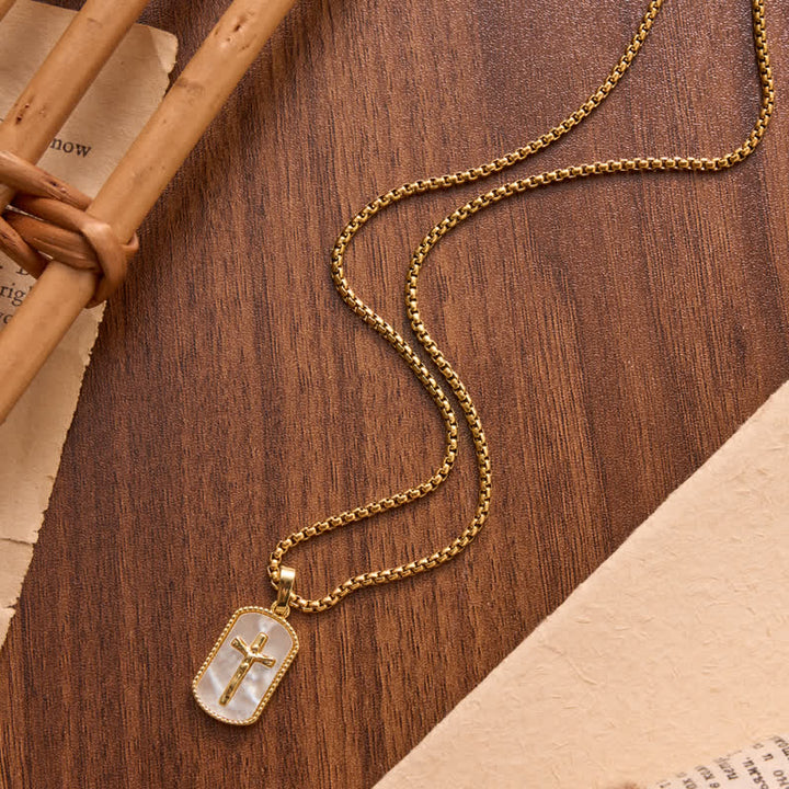 Christianartworkshop Dainty Box Link Shell Inlaid Crucifix Necklace: Emblem of Peaceful Inner Devotion - image 1