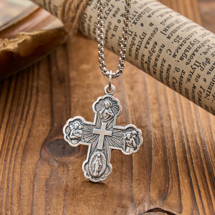 Christianartworkshop Four Sacred Portrait Cross Box‑Chain Necklace: Token Of Gentle Celestial Safeguard - Silver - image 1