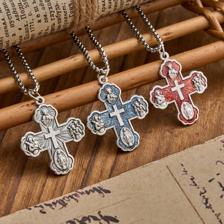 Christianartworkshop Four Sacred Portrait Cross Box‑Chain Necklace: Token Of Gentle Celestial Safeguard - image 0