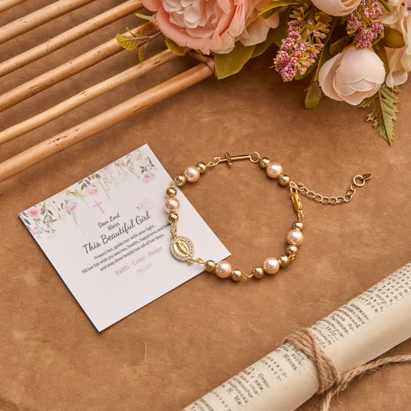 Christianartworkshop Pearl Bracelet With Cross Crucifix And Our Lady Charm: Sign Of Timeless Divine Grace - Our Lady & Cross C - image 6