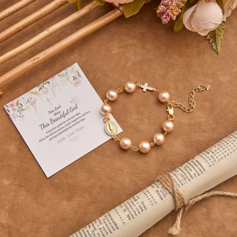 Christianartworkshop Pearl Bracelet With Cross Crucifix And Our Lady Charm: Sign Of Timeless Divine Grace - Our Lady & Cross B - image 5