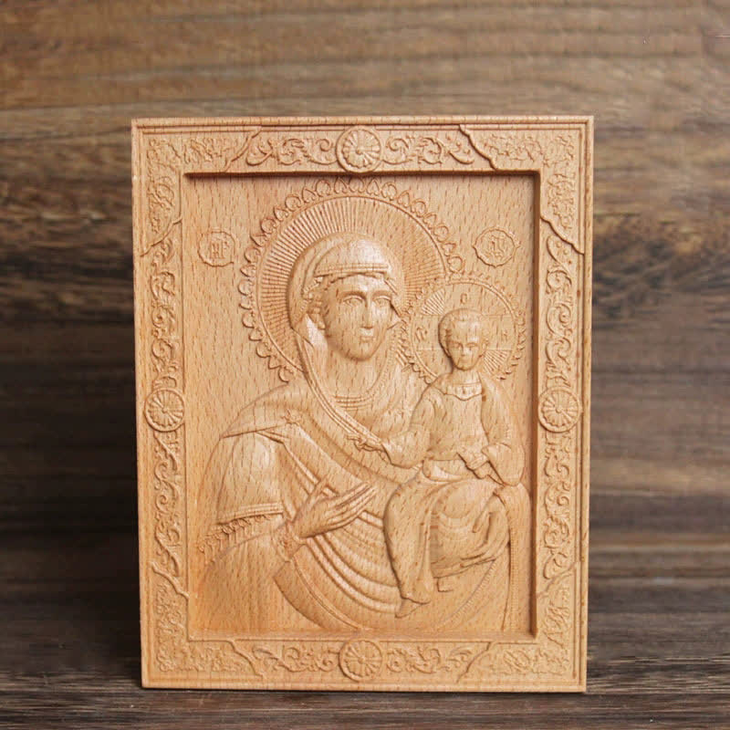 Christianartworkshop Ornate Border Beech Wood Carved Icon Of Our Lady And Jesus: Sign Of Soft Divine Solace - Our Lady of the Sign - image 6