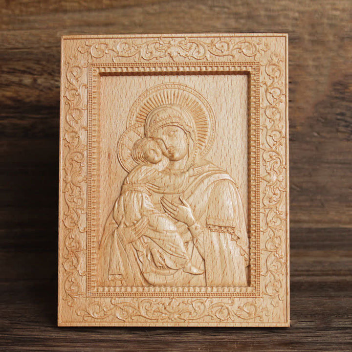 Christianartworkshop Ornate Border Beech Wood Carved Icon Of Our Lady And Jesus: Sign Of Soft Divine Solace - Virgin Mary and Child - image 7