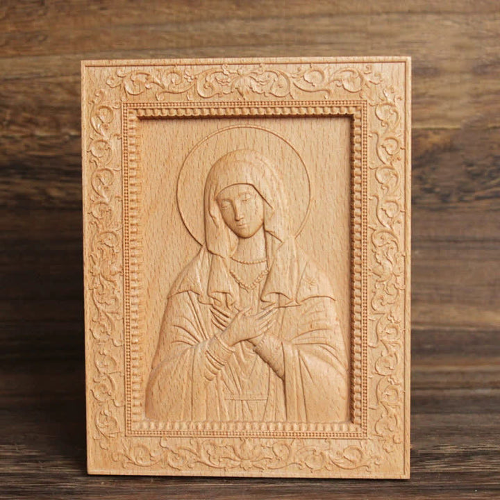 Christianartworkshop Ornate Border Beech Wood Carved Icon Of Our Lady And Jesus: Sign Of Soft Divine Solace - Our Lady of Humility - image 5