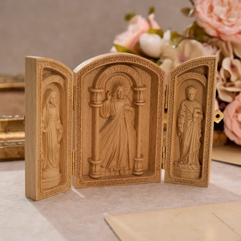 Christianartworkshop Vintage Arched Frame Beech Wood Carved Triptych: Sign Of Soft Divine Solace - Jesus & Our Lady & St. Joseph - image 0