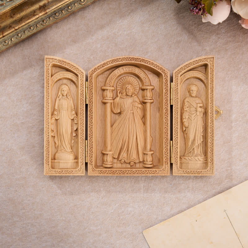 Christianartworkshop Vintage Arched Frame Beech Wood Carved Triptych: Sign Of Soft Divine Solace - image 1