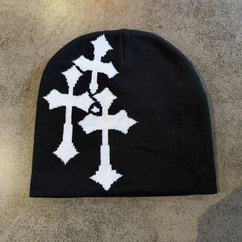 Christianartworkshop Triple Cross Jacquard Knit Beanie: Emblem of Timeless Heavenly Grace - Black with white cross - image 4