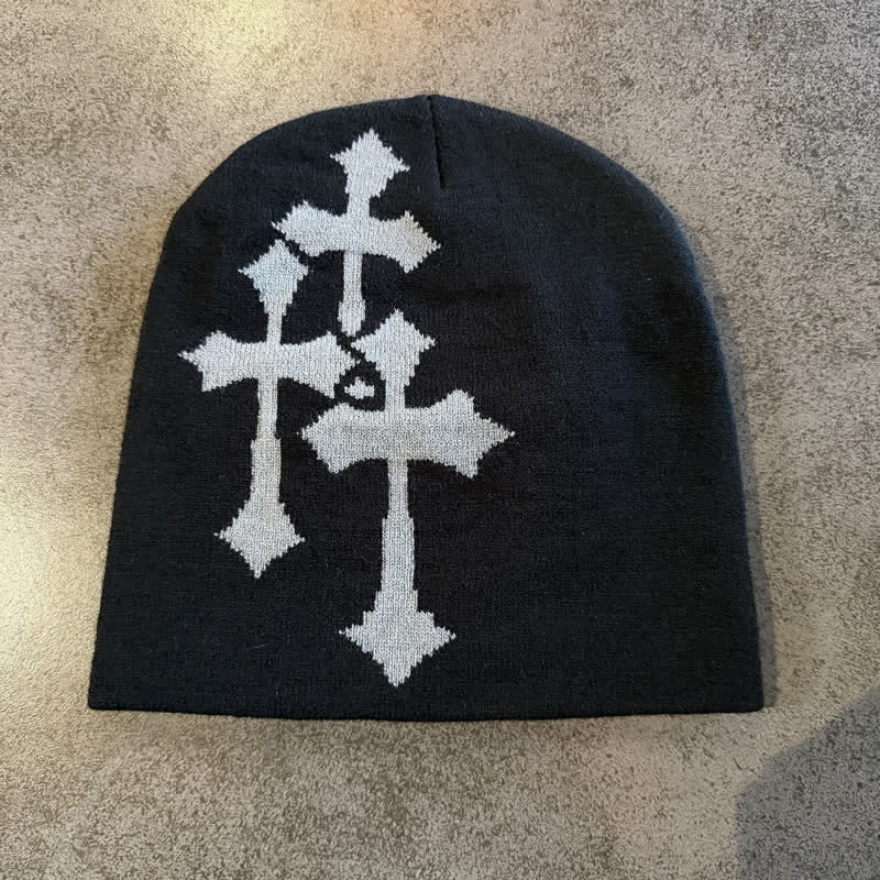 Christianartworkshop Triple Cross Jacquard Knit Beanie: Emblem of Timeless Heavenly Grace - Black with grey cross - image 5