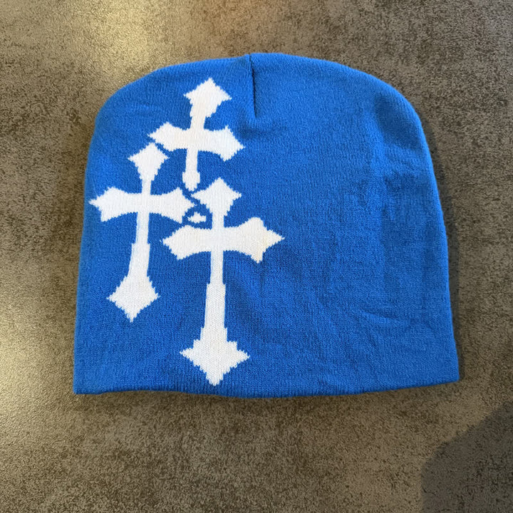 Christianartworkshop Triple Cross Jacquard Knit Beanie: Emblem of Timeless Heavenly Grace - Blue with white cross - image 13
