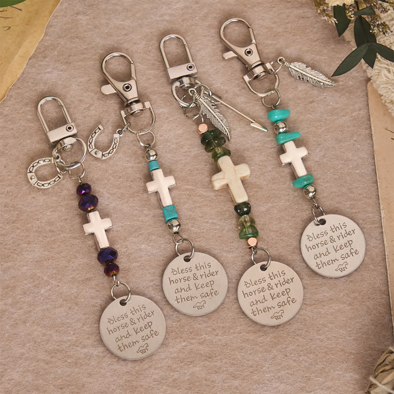 Christianartworkshop Multi‑Use Metal Keychain Horse Saddle and Bridle Charm Clip With Cross Blessing - image 1
