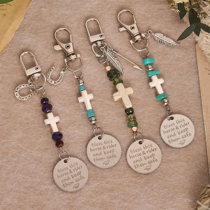 Christianartworkshop Multi‑Use Metal Keychain Horse Saddle and Bridle Charm Clip With Cross Blessing - image 1