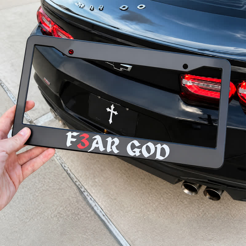 Christianartworkshop Slim Metal Car Frame With Bold “F3AR GOD” Lettering: Sign Of Timeless Divine Majesty - image 1