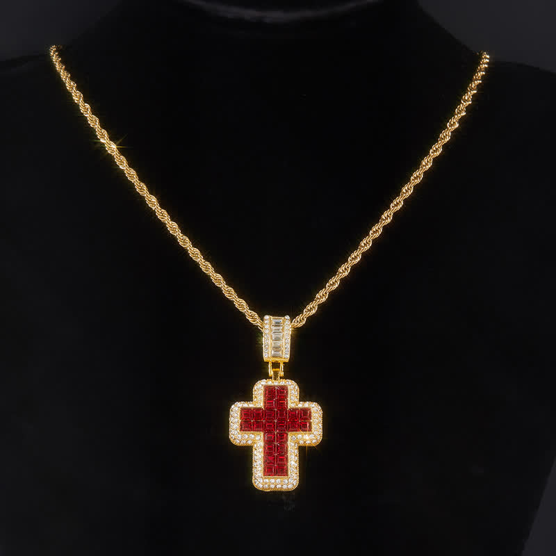 Christianartworkshop Encircled Square Gem Block Cross Necklace: Badge of Glorious Heavenly Fortitude - Golden - Blue - image 3