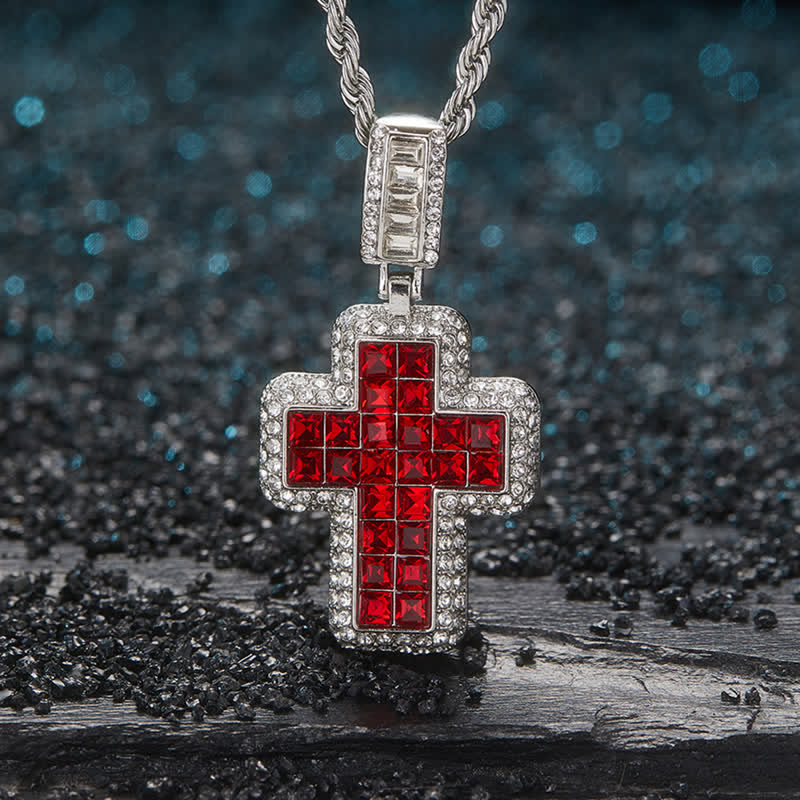Christianartworkshop Encircled Square Gem Block Cross Necklace: Badge of Glorious Heavenly Fortitude - Silver - Red - image 0