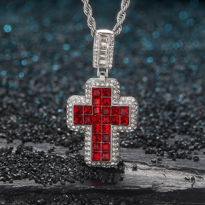 Christianartworkshop Encircled Square Gem Block Cross Necklace: Badge of Glorious Heavenly Fortitude - Silver - Red - image 0