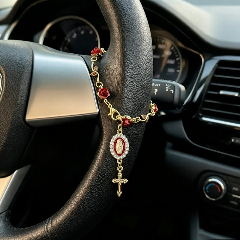 FREE Today: Dainty Rose‑Link Our Lady Cross Car Pendant: Carrier of Soft Divine Care On The Road - Our Lady & Cross B - image 1