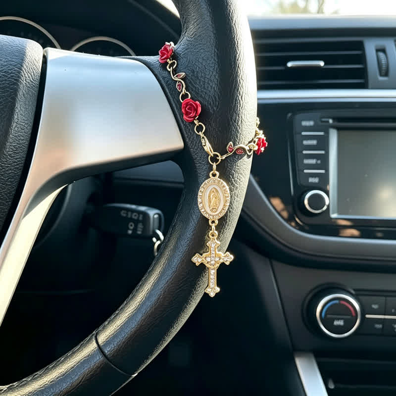 Christianartworkshop Dainty Rose‑Link Our Lady Cross Car Pendant: Carrier of Soft Divine Care On The Road - Our Lady & Cross D - image 4