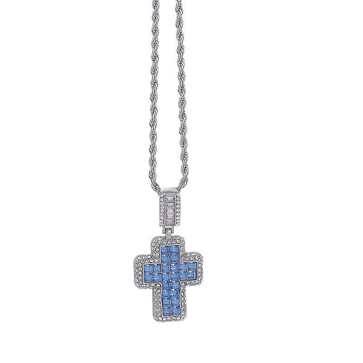 Christianartworkshop Encircled Square Gem Block Cross Necklace: Badge of Glorious Heavenly Fortitude - Silver - Blue - image 4