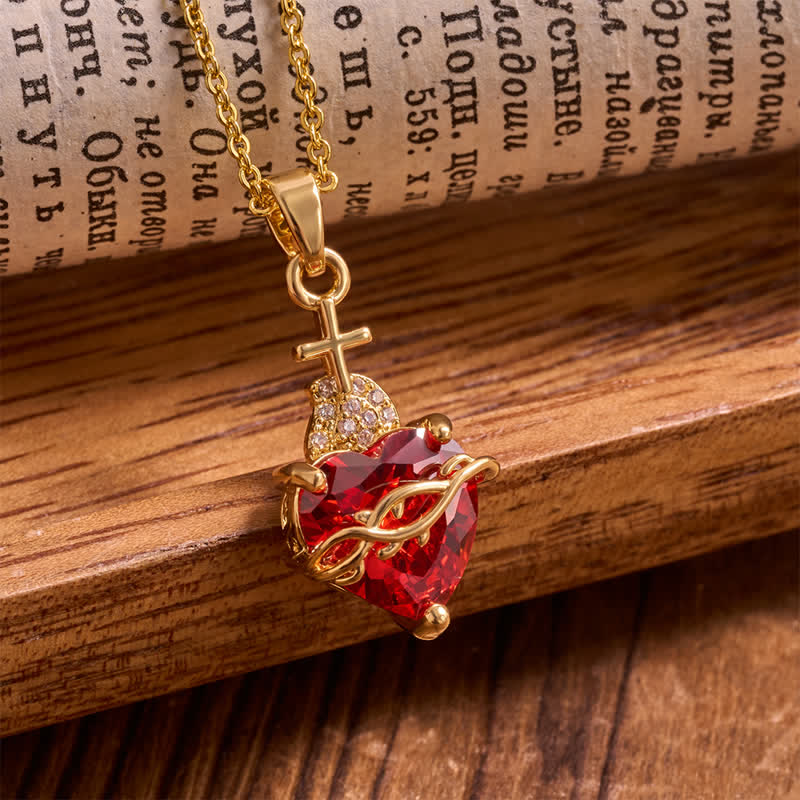 Christianartworkshop Thorn & Cross Sacred Heart Gold-Tone Necklace: Symbol of Quiet Divine Tenderness - Red - image 0