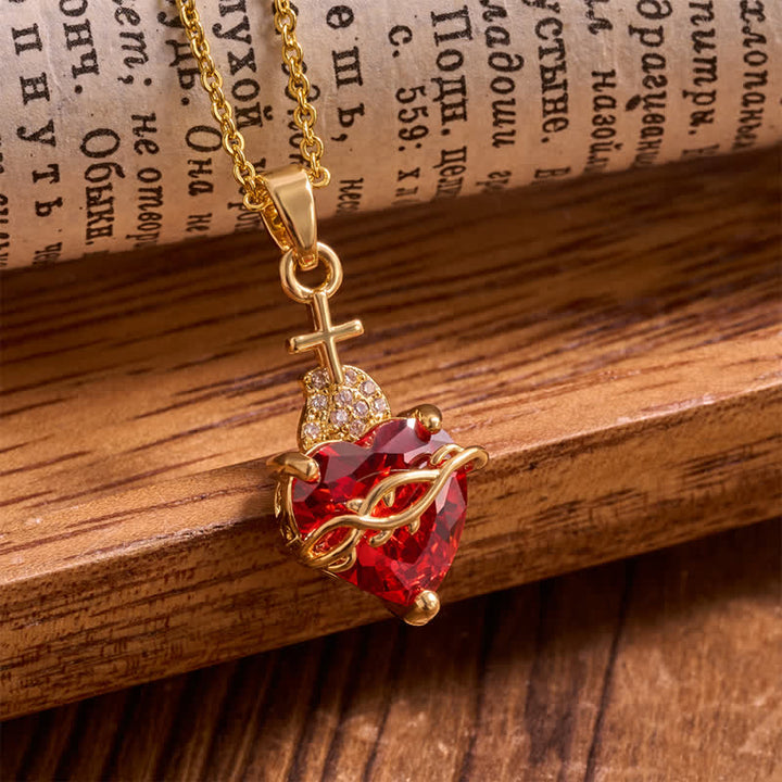 Christianartworkshop Thorn & Cross Sacred Heart Gold-Tone Necklace: Symbol of Quiet Divine Tenderness - Red - image 0
