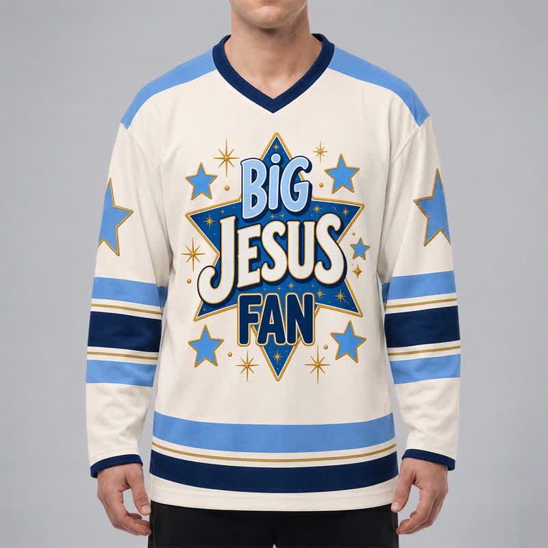 Christianartworkshop Big Jesus Fan Star Blue Long Sleeve Hockey Jersey - image 3