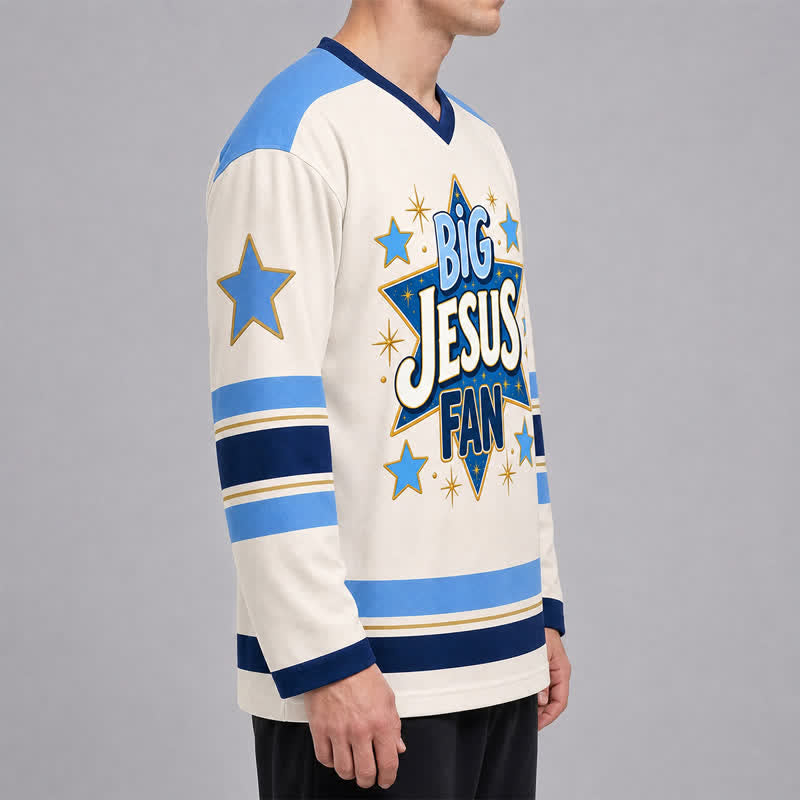 Christianartworkshop Big Jesus Fan Star Blue Long Sleeve Hockey Jersey - image 5
