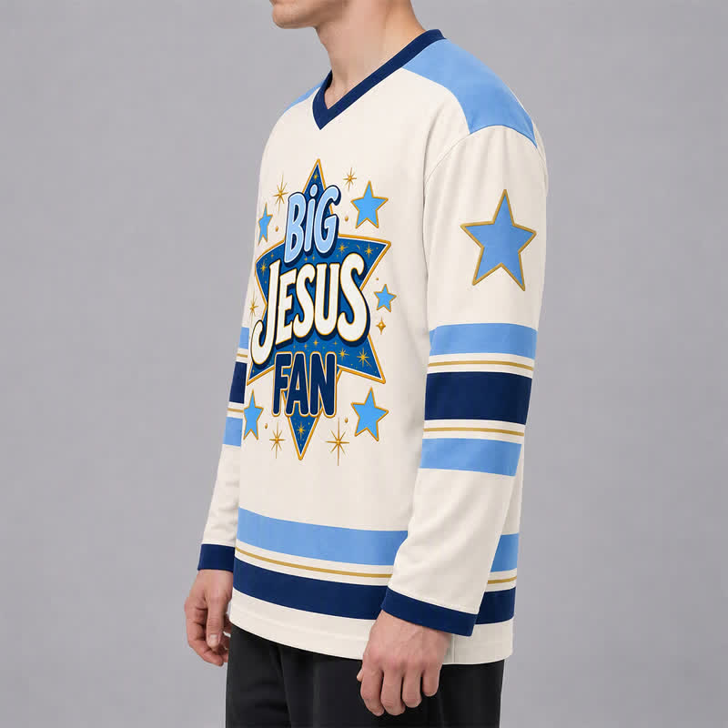 Christianartworkshop Big Jesus Fan Star Blue Long Sleeve Hockey Jersey - image 6