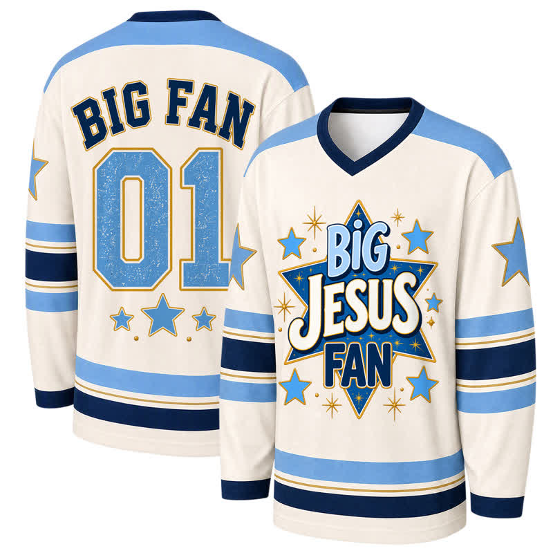 Christianartworkshop Big Jesus Fan Star Blue Long Sleeve Hockey Jersey - 5XL - image 0