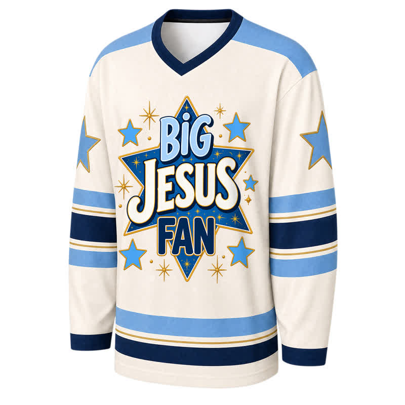 Christianartworkshop Big Jesus Fan Star Blue Long Sleeve Hockey Jersey - image 1