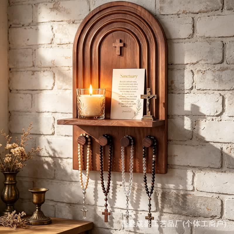 Christianartworkshop Vintage Arch Devotional Wall Shelf With Cross: Beacon of Soft Heavenly Radiance - image 1
