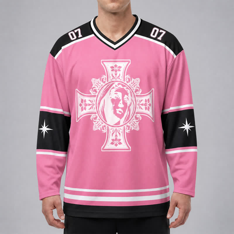 Christianartworkshop God Bless You Pink Cross Long Sleeve Hockey Jersey - image 3