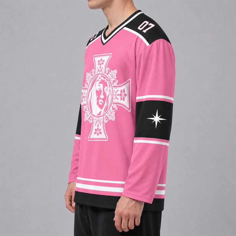 Christianartworkshop God Bless You Pink Cross Long Sleeve Hockey Jersey - image 6