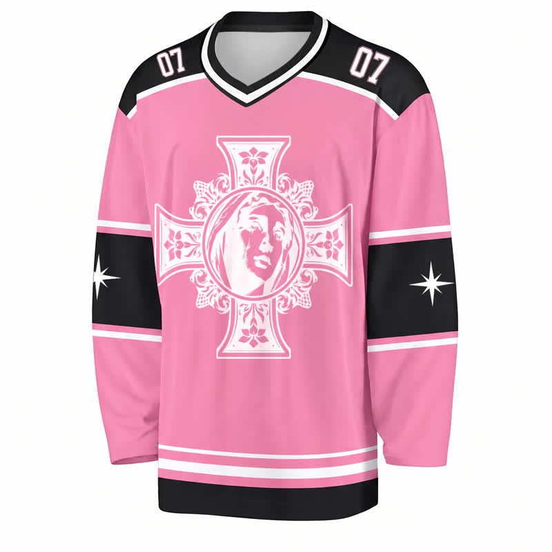 Christianartworkshop God Bless You Pink Cross Long Sleeve Hockey Jersey - image 1