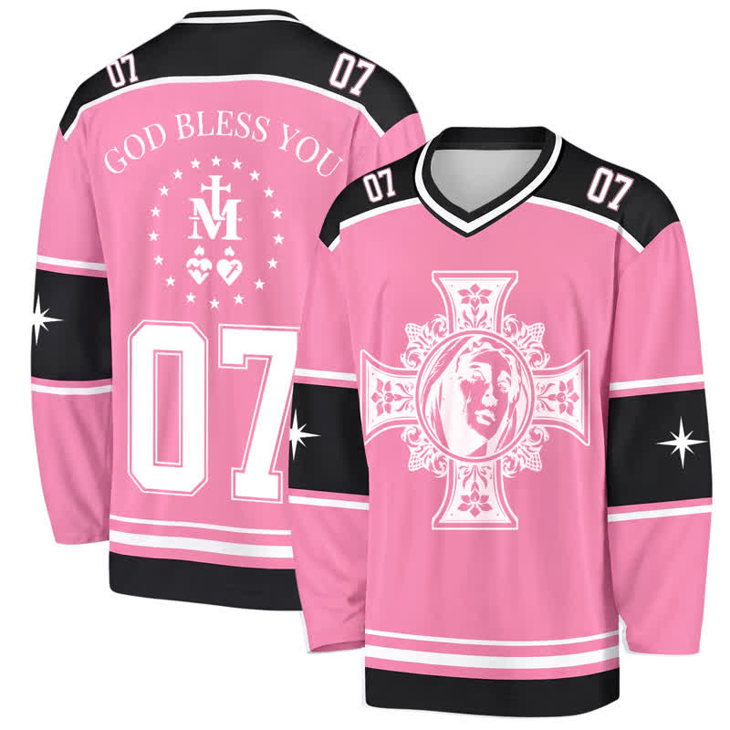 Christianartworkshop God Bless You Pink Cross Long Sleeve Hockey Jersey - 5XL - image 0