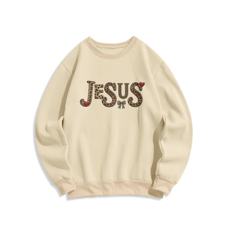 Christianartworkshop Jesus Leopard Heart Bow Crewneck Fleece Sweatshirt - Beige - 2XL - image 2