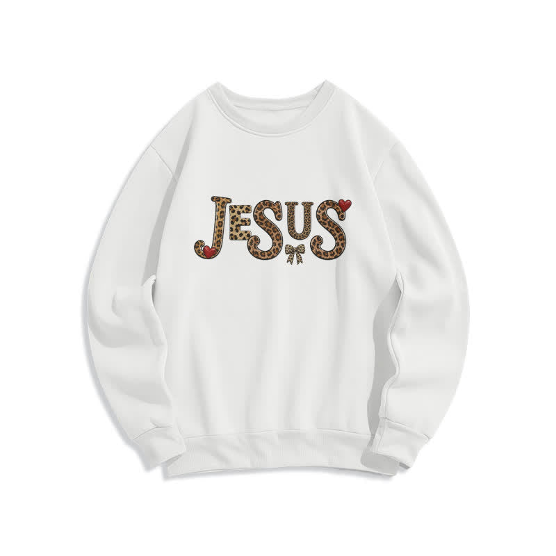 Christianartworkshop Jesus Leopard Heart Bow Crewneck Fleece Sweatshirt - White - 2XL - image 0