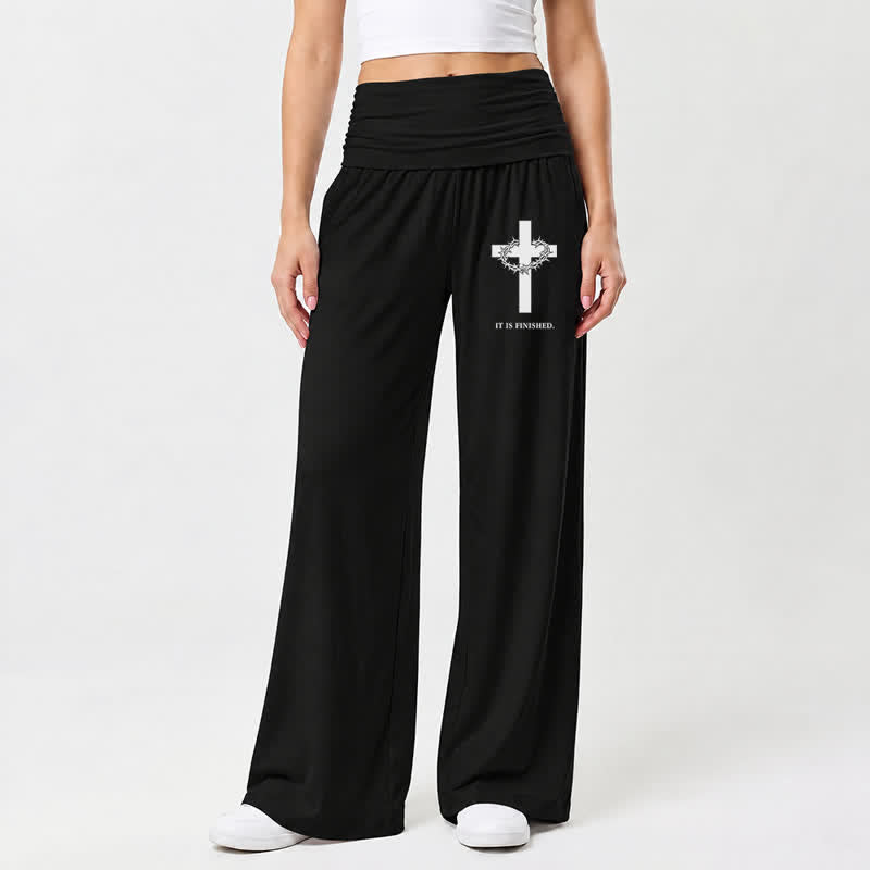 Christianartworkshop It Is Finished Cross Foldover Women’s Wide Leg Pants - image 1