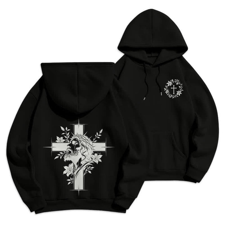 Christianartworkshop Cross Wreath Back Graphic Fleece Lined Pullover Hoodie - Black - 2XL - image 0