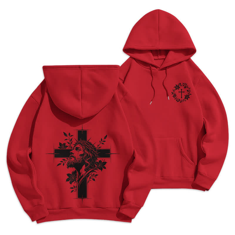 Christianartworkshop Cross Wreath Back Graphic Fleece Lined Pullover Hoodie - Red - 2XL - image 15