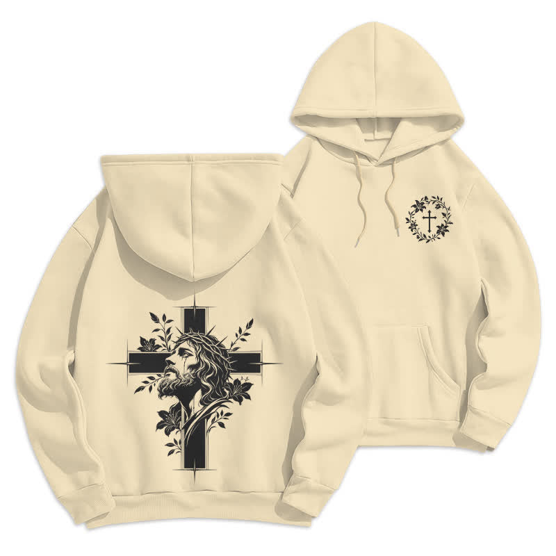 Christianartworkshop Cross Wreath Back Graphic Fleece Lined Pullover Hoodie - Beige - 2XL - image 12