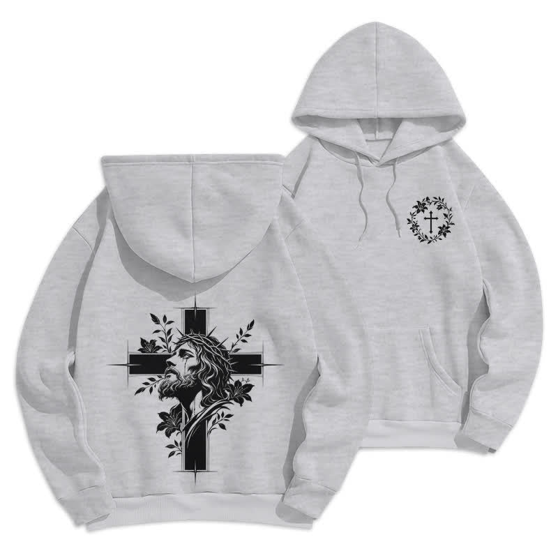 Christianartworkshop Cross Wreath Back Graphic Fleece Lined Pullover Hoodie - Grey - 2XL - image 9