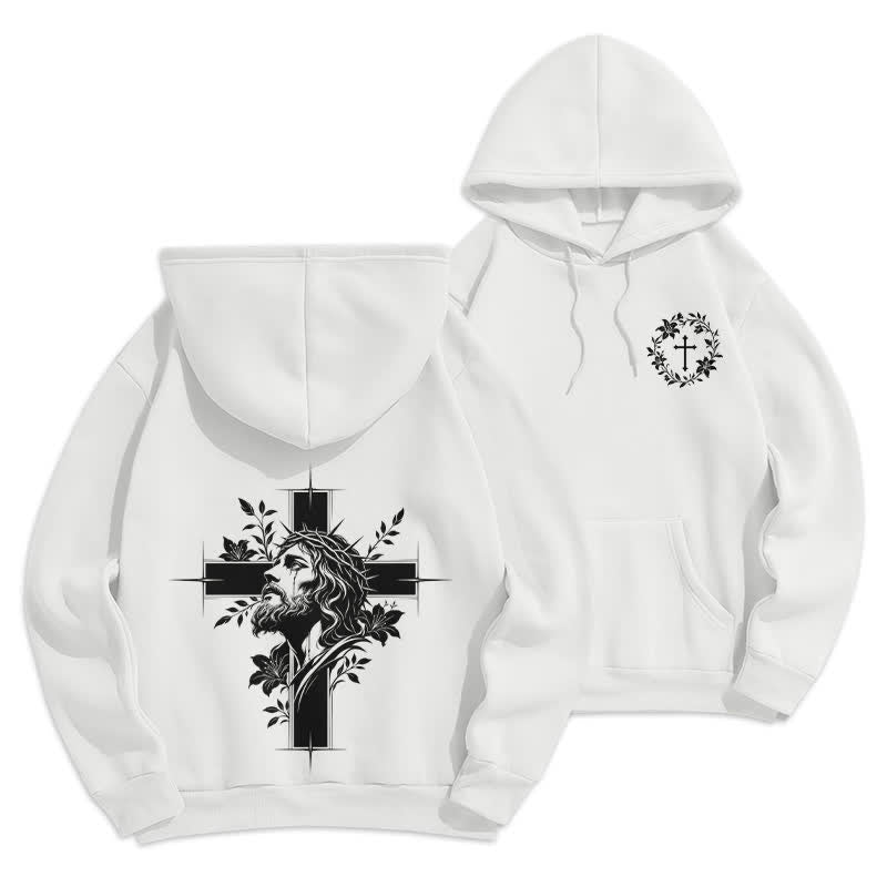 Christianartworkshop Cross Wreath Back Graphic Fleece Lined Pullover Hoodie - White - 2XL - image 6
