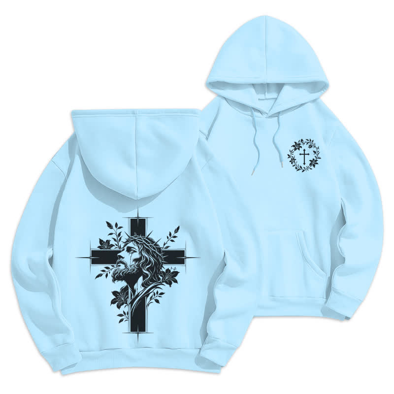 Christianartworkshop Cross Wreath Back Graphic Fleece Lined Pullover Hoodie - Blue - 2XL - image 21