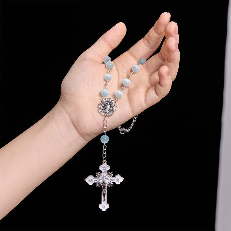 FREE Today: Airy Pale Blue Cat's Eye Car Rosary with St. Benedict Medal & White Enamel Crucifix - image 1