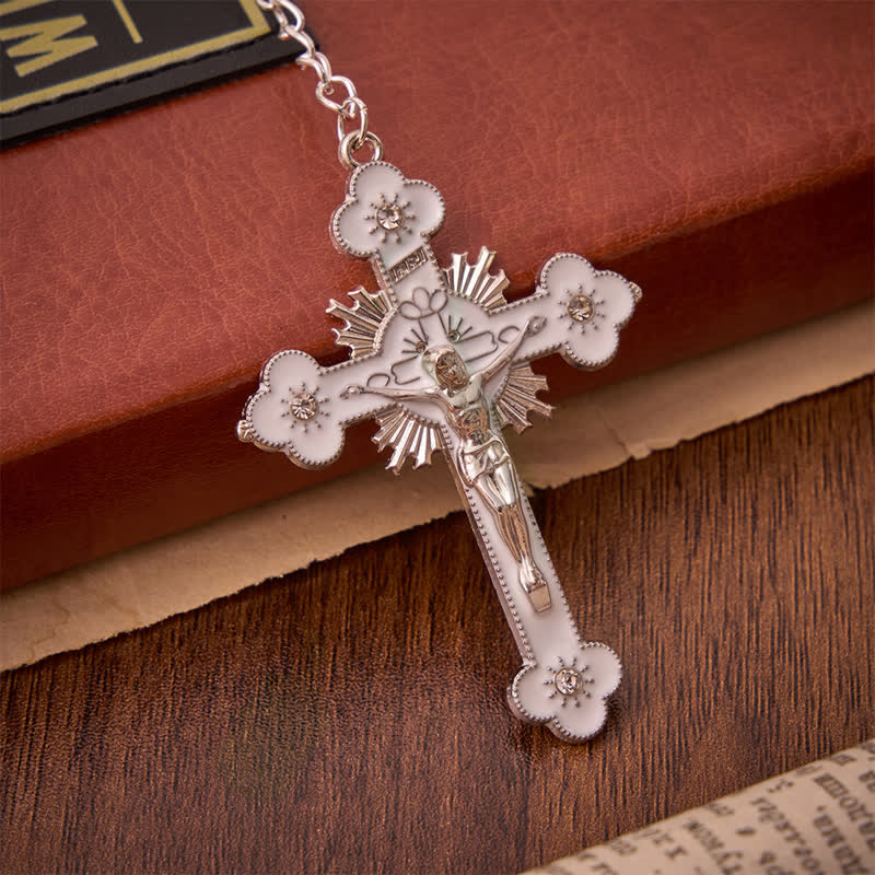 FREE Today: Airy Pale Blue Cat's Eye Car Rosary with St. Benedict Medal & White Enamel Crucifix - image 8
