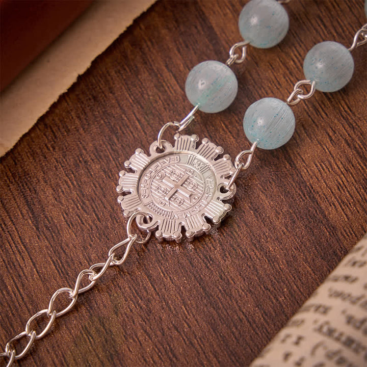 Christianartworkshop Airy Pale Blue Cat's Eye Car Rosary with St. Benedict Medal & White Enamel Crucifix - image 7