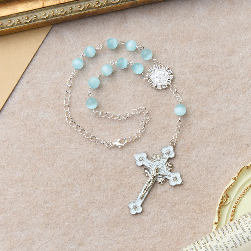 Christianartworkshop Airy Pale Blue Cat's Eye Car Rosary with St. Benedict Medal & White Enamel Crucifix - image 4